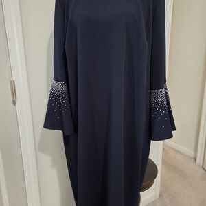 Calvin Klein Navy Long-Sleeve Dress with Embellished Bell Sleeves